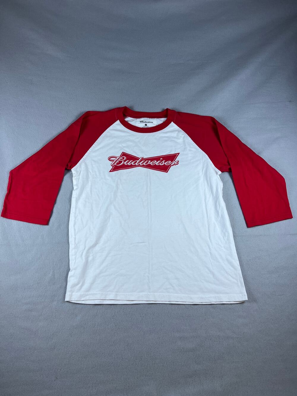 Budweiser Shirt Mens L White Red Bowtie 3/4 Sleeve Raglan Classic Baseball Tee